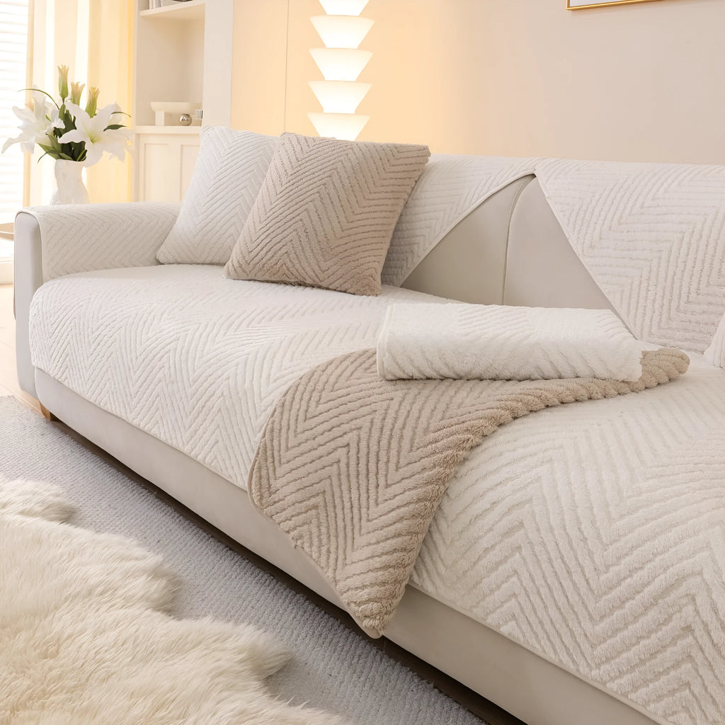 Solid colour plush sofa cover cloth in white, khaki, light grey or dark grey, with multiple sizes from 70x70cm to 110x240cm