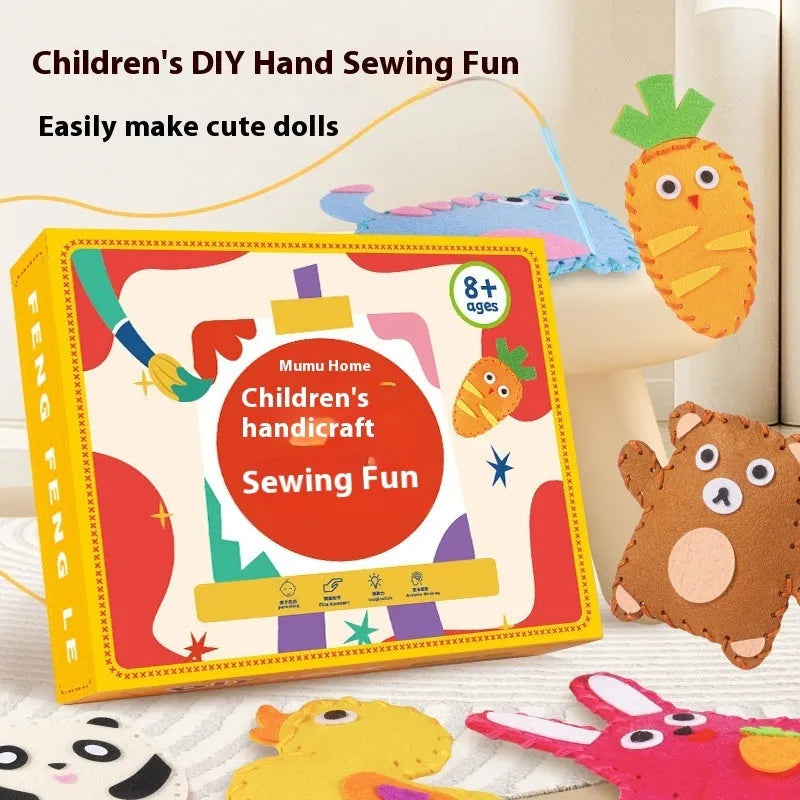 Children's non-woven sewing kit with music theme, cloth pieces, and tools in a colour box measuring 19.5x16x5cm