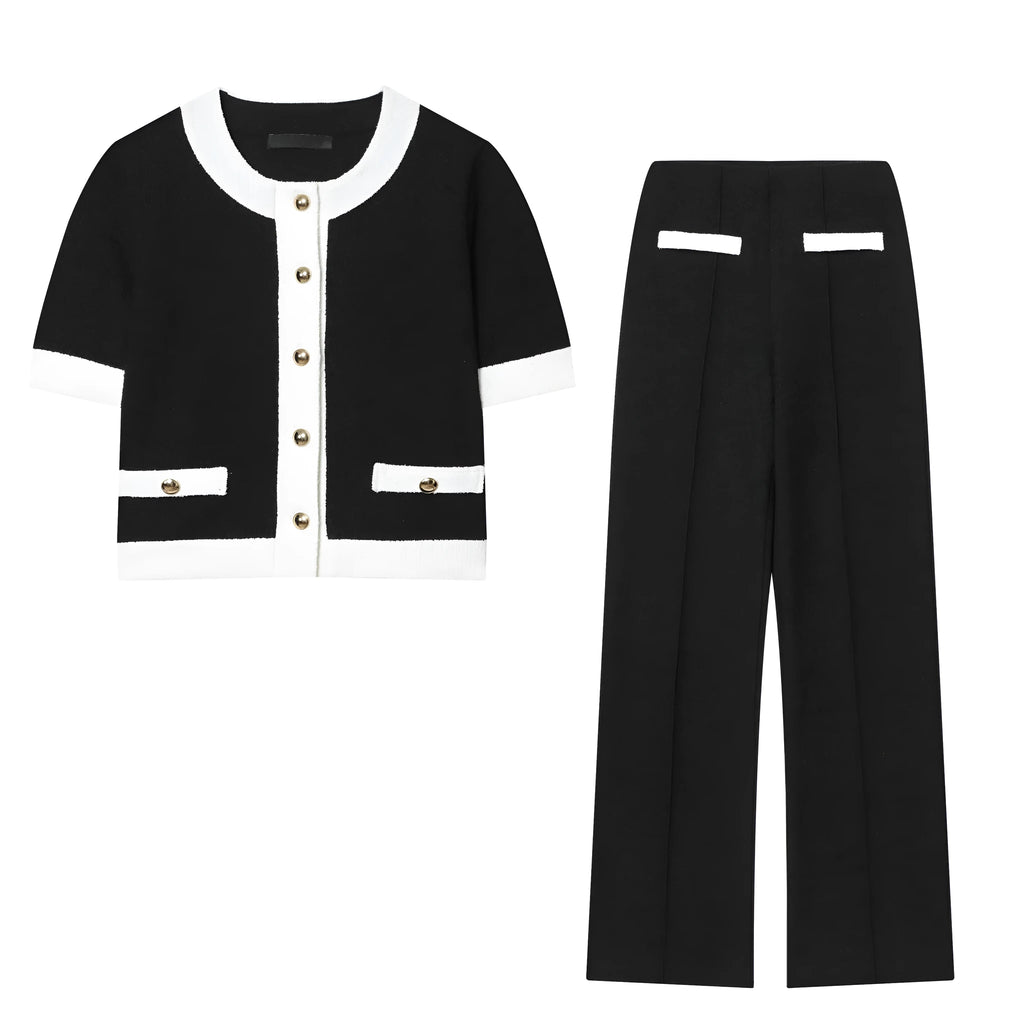 Polyester two-piece street fashion suit with round neck top and high-waisted trousers