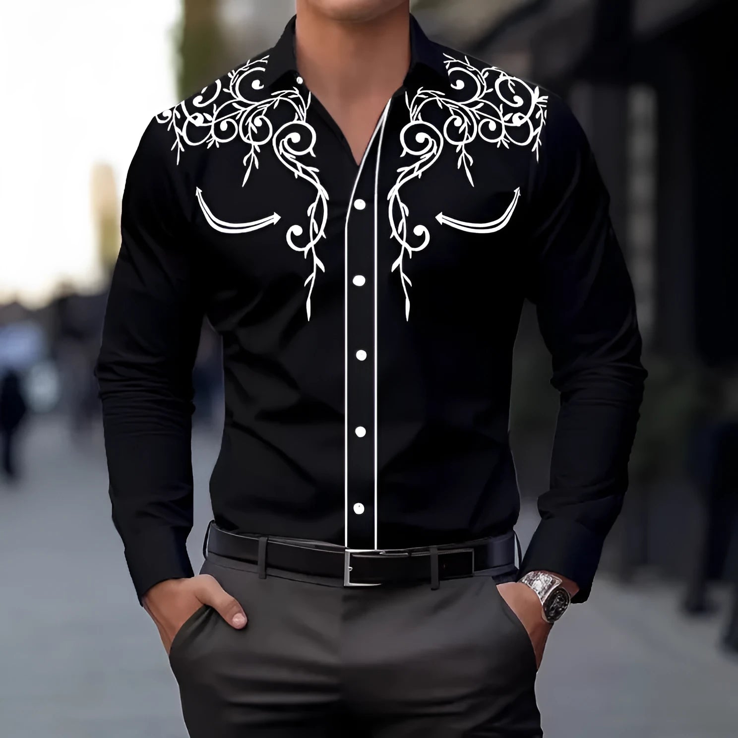 Men's long sleeve loose polyester cardigan shirt with national style digital print in light thin fabric, multiple colours available