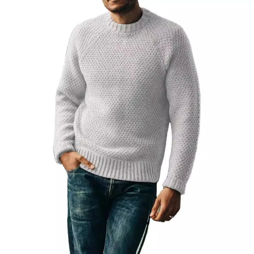 Men's loose fit thick wool round neck pullover sweater in solid colour casual winter top