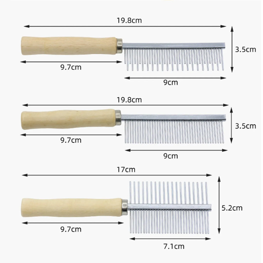 Wooden handle pet grooming comb for dogs and cats with rounded safety teeth.