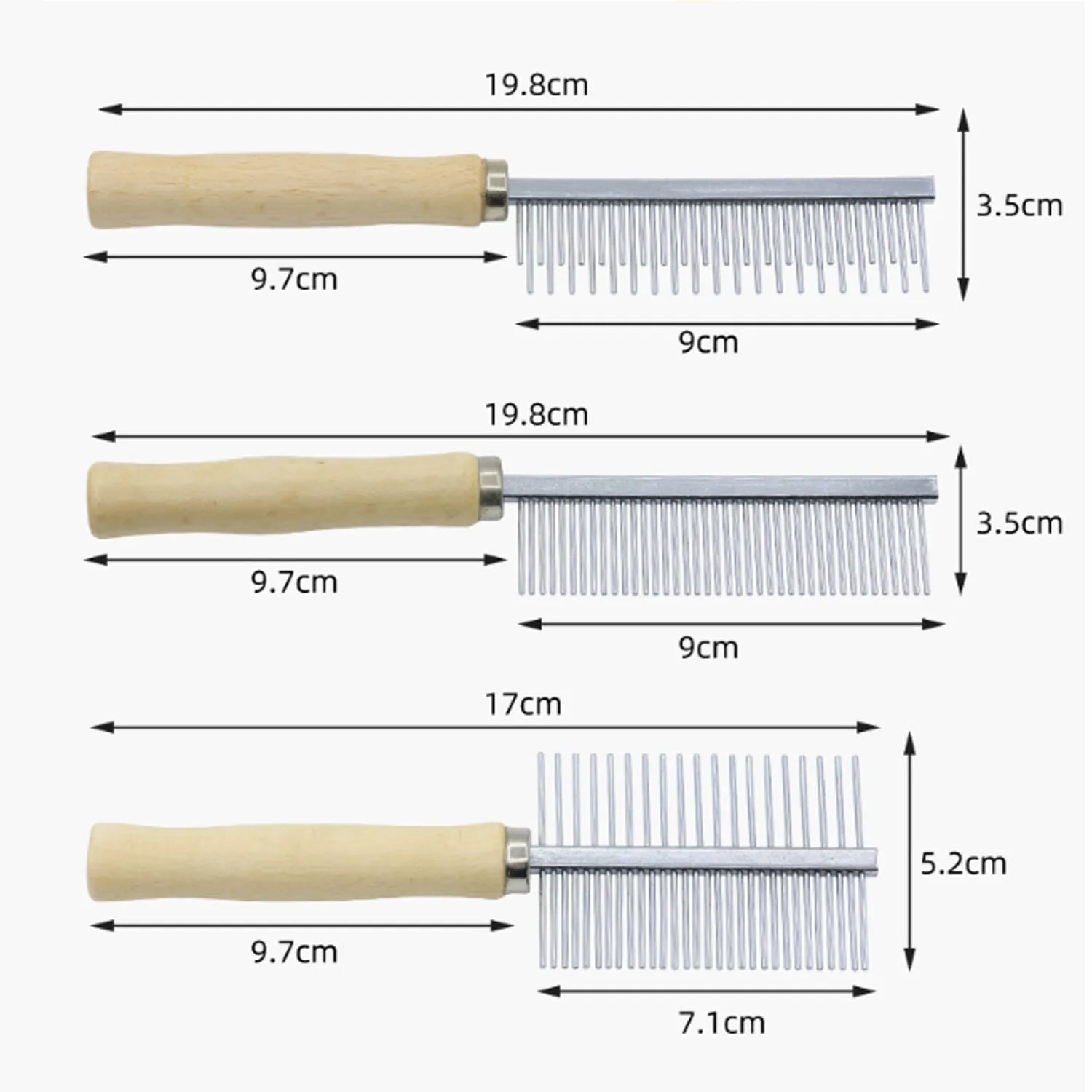 Wooden handle pet grooming comb for dogs and cats with rounded safety teeth.