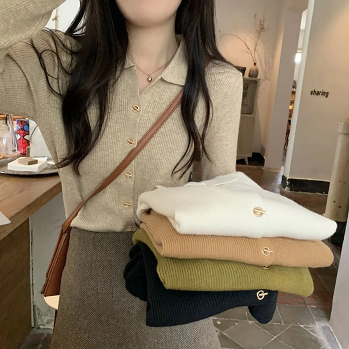 Women's loose fit long-sleeved knitted cardigan in viscose fibre, shown in beige colour