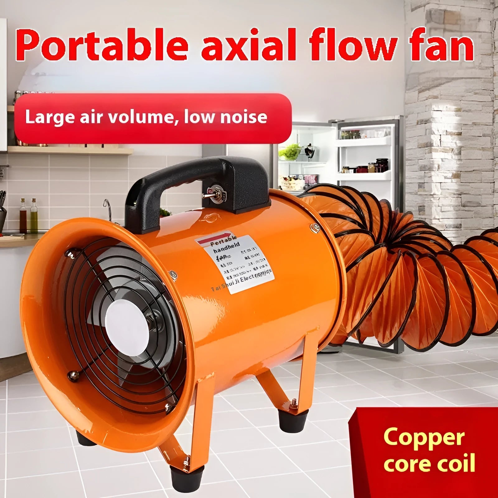 8-inch titanium steel industrial axial flow fan for dust removal and ventilation with a 5-metre air duct.