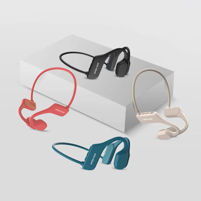 IPX5 waterproof bone conduction sports headset in Black, rear-mounted hanging-neck design