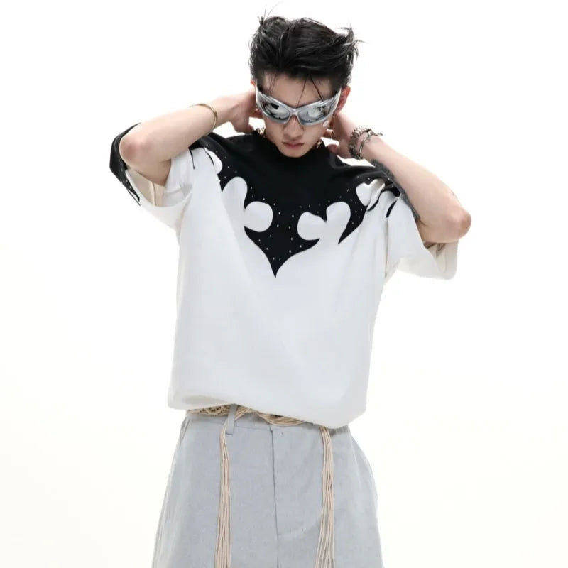 Men's grey loose fit cotton shirt with burnt flower stitching and rhinestone details on the front.