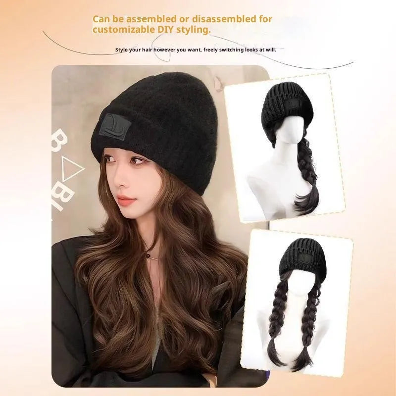 Hat wig for women with big wave curls in brown black colour, protein filament hair on mannequin