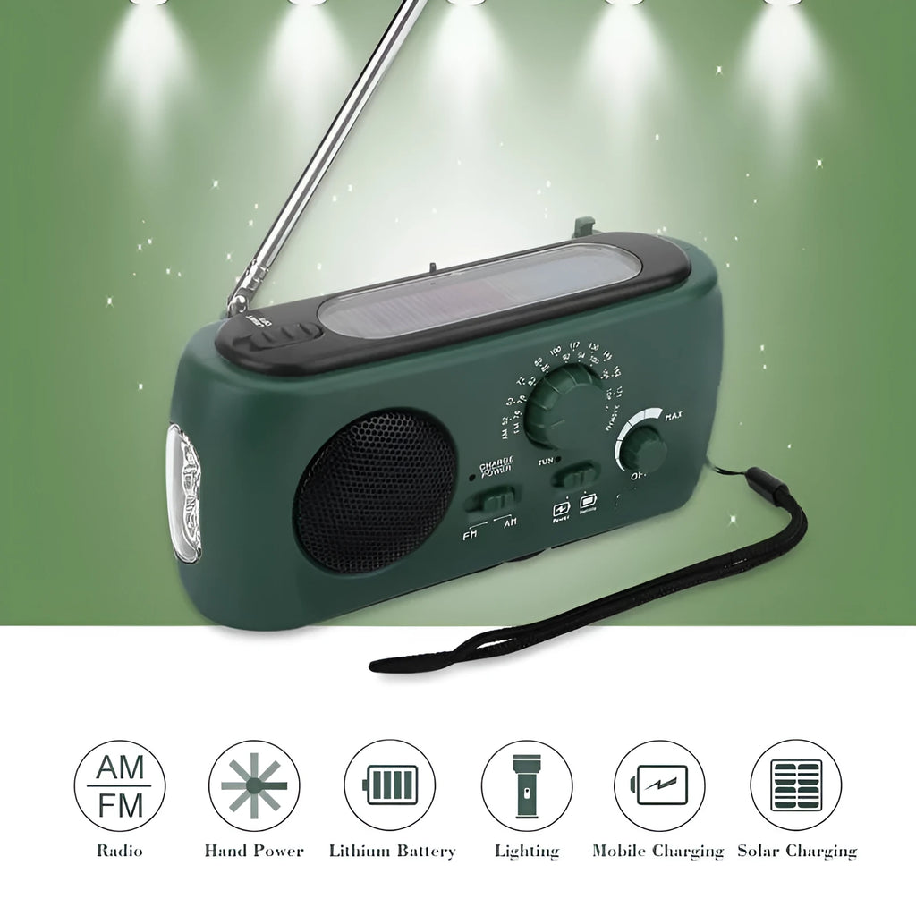 AM FM solar hand crank rechargeable radio with LED flashlight in white, measuring 15x7x4cm, for hiking and emergency use