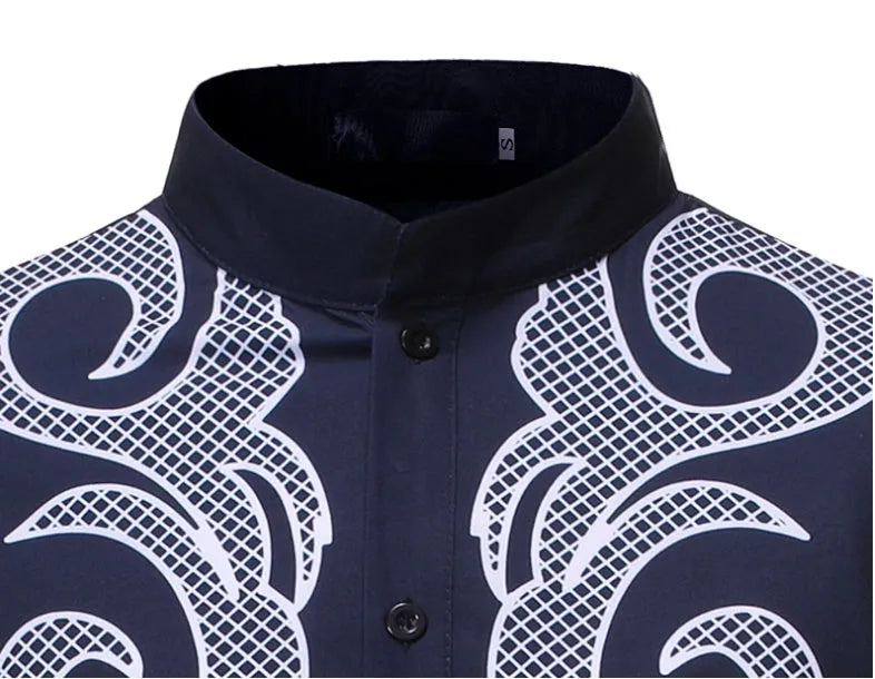 African dashiki print polyester shirt for men long sleeves plain pattern black