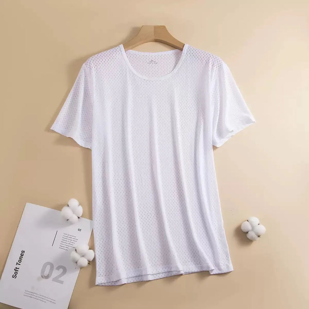 Man wearing a grey ice silk short sleeve crew neck t-shirt showing mesh fabric texture.