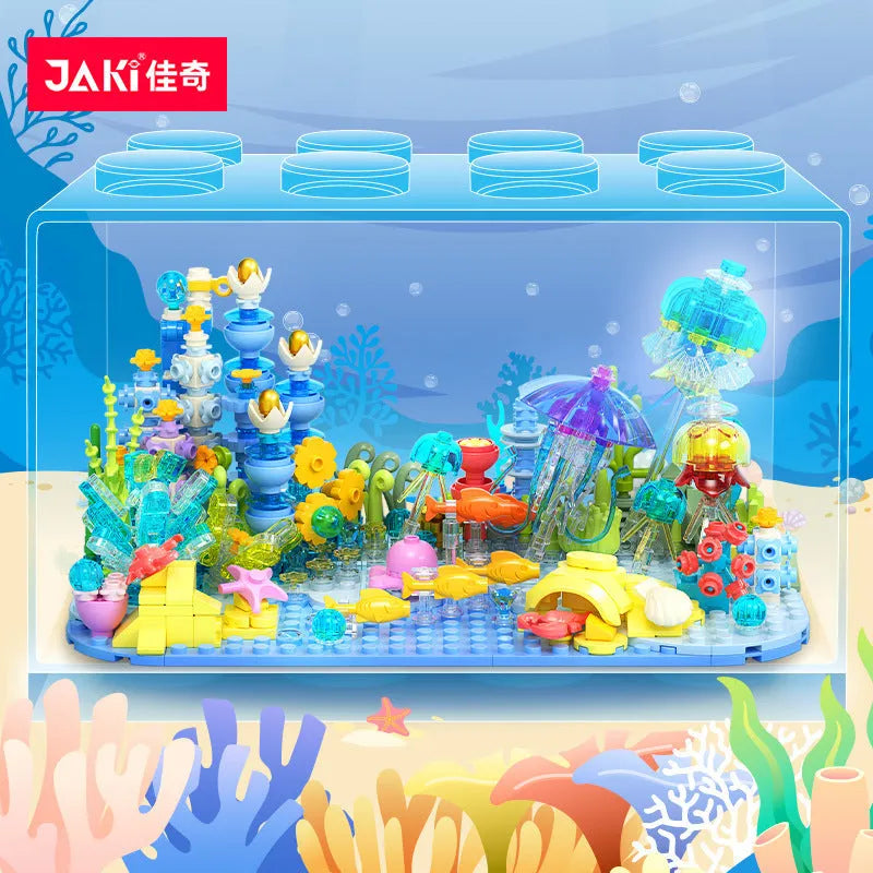 Blue plastic building blocks submarine model assembled on a white background, suitable for girls aged 7-14