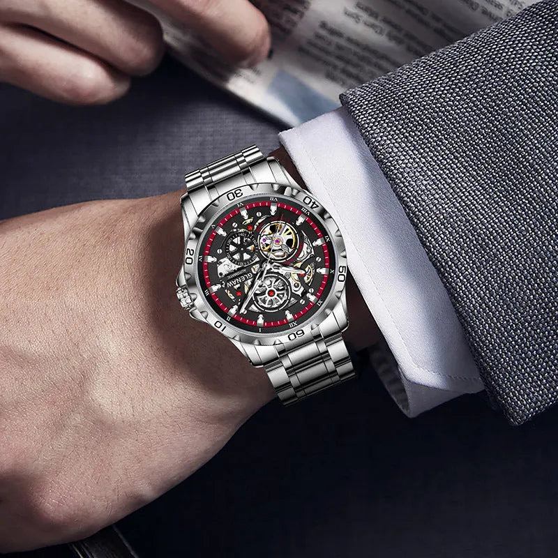 Men's automatic mechanical watch with hollow-out design showing internal mechanism and luminous hands on stainless steel bracelet