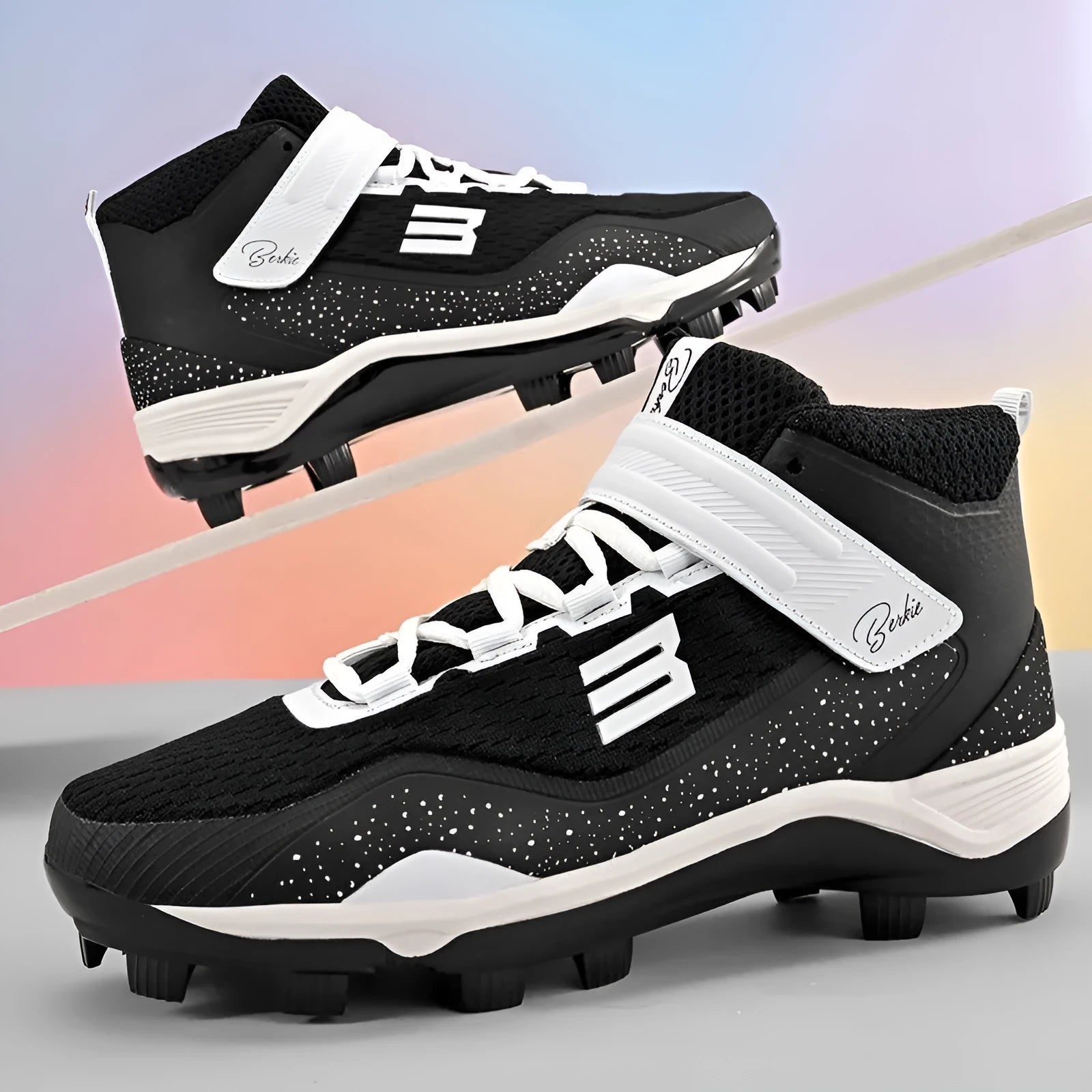 Black and white professional baseball sneakers with superfine fibre mesh upper and rubber sole
