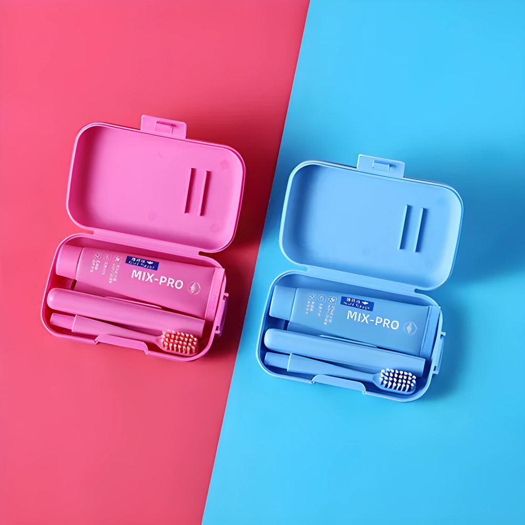Portable travel toothbrush toothpaste set in blue and pink, compact oral care kit for adults