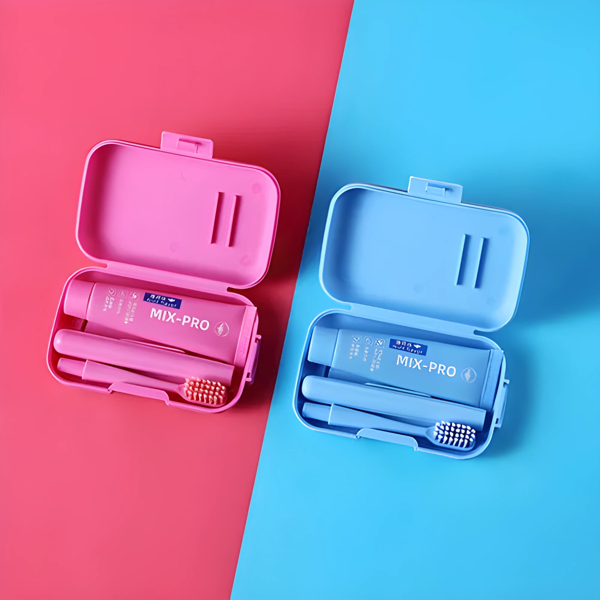 Portable travel toothbrush toothpaste set in blue and pink, compact oral care kit for adults