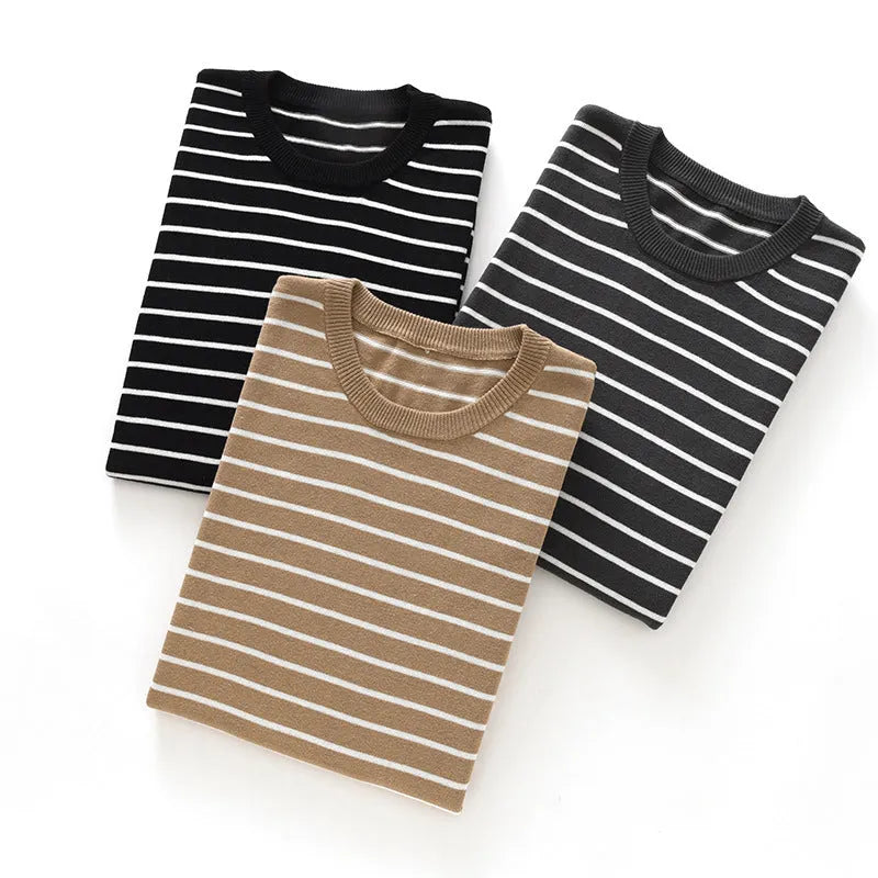 Men's pure cotton striped round neck short sleeve t-shirt in Gold Camel, Gray, and Black sizes S to XXXL