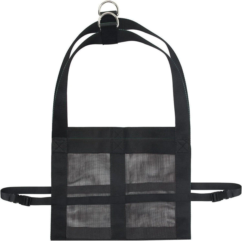 Black polyester calf and large dog weighing sling measuring 150cm long with D-rings.
