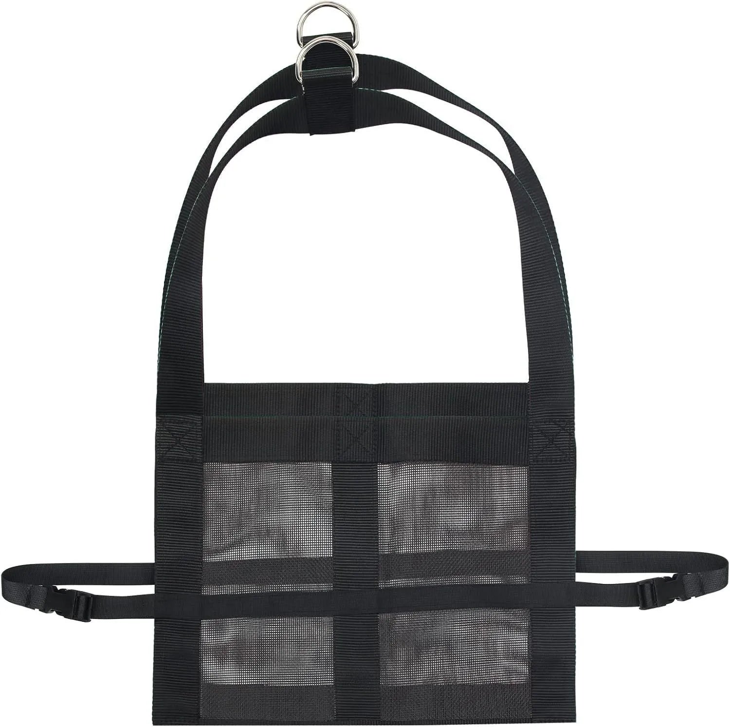 Black polyester calf and large dog weighing sling measuring 150cm long with D-rings.