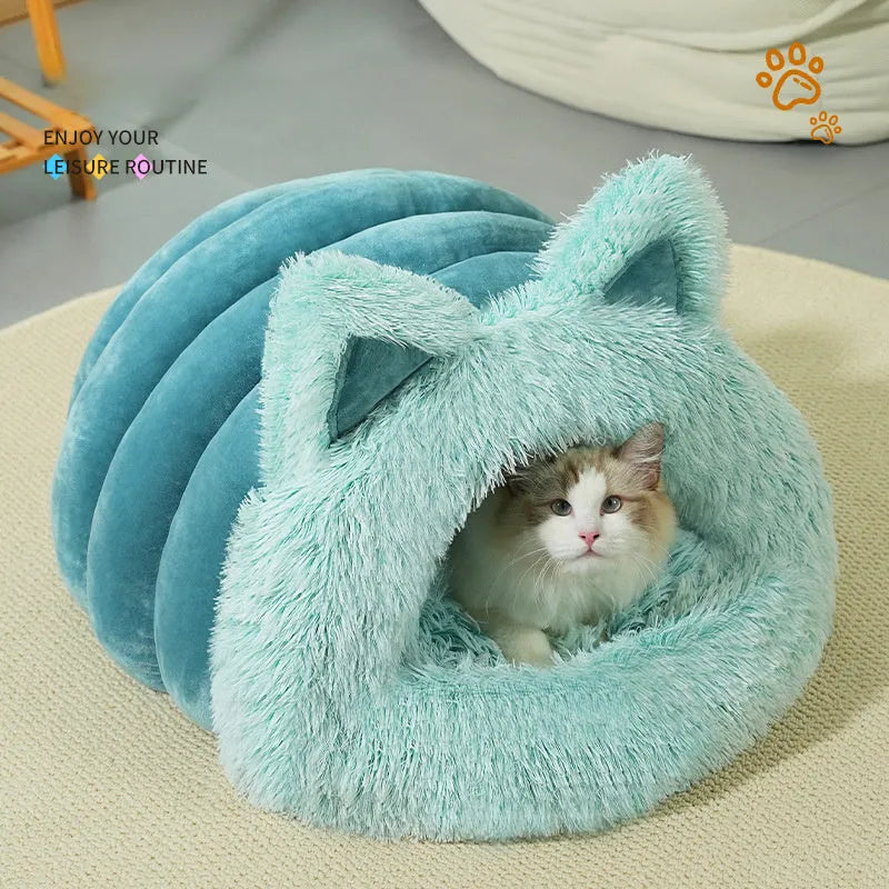 Plush cat ear pet bed in blue with thick padding and large collar design