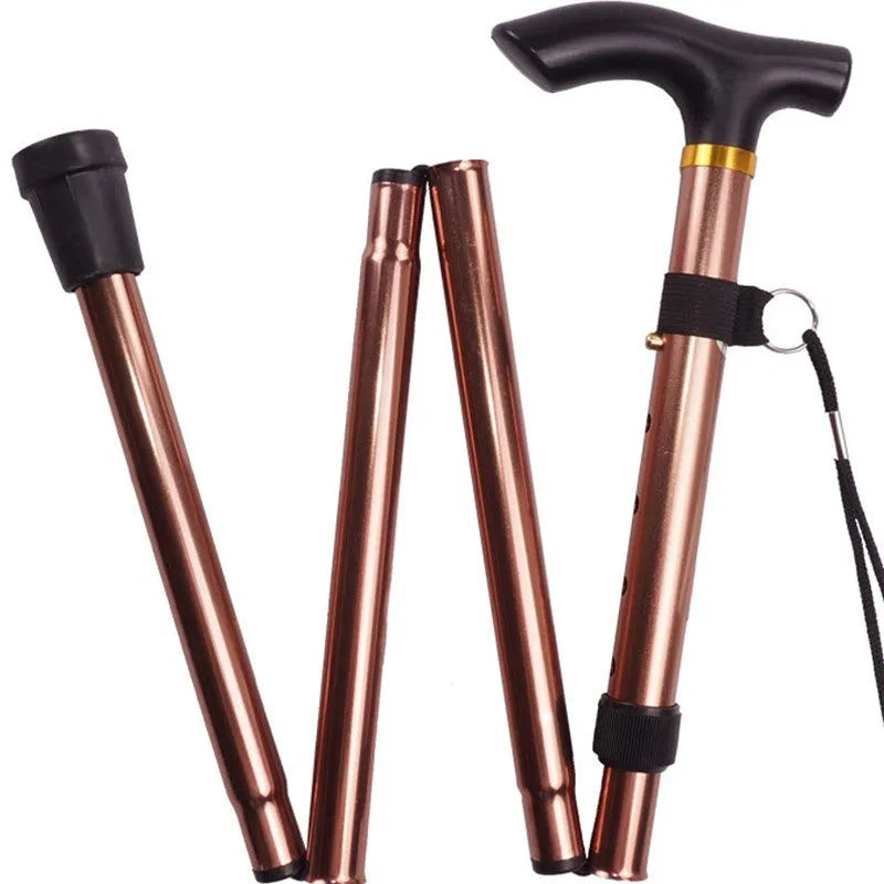 Aluminium alloy folding walking stick extended to show adjustable height and non-slip tip.