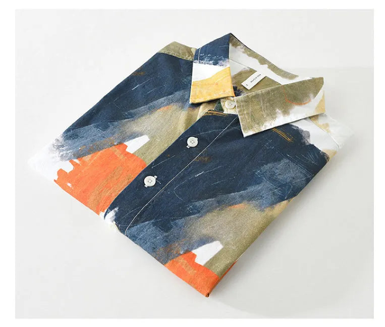 Women's loose cardigan top in printed cotton fabric with long sleeves and artistic colour pattern
