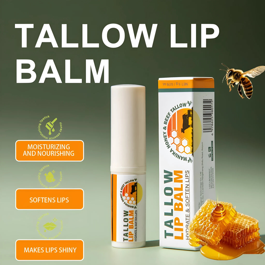 Tallow lip balm stick measuring 83mm by 19mm containing 5 grams of natural balm