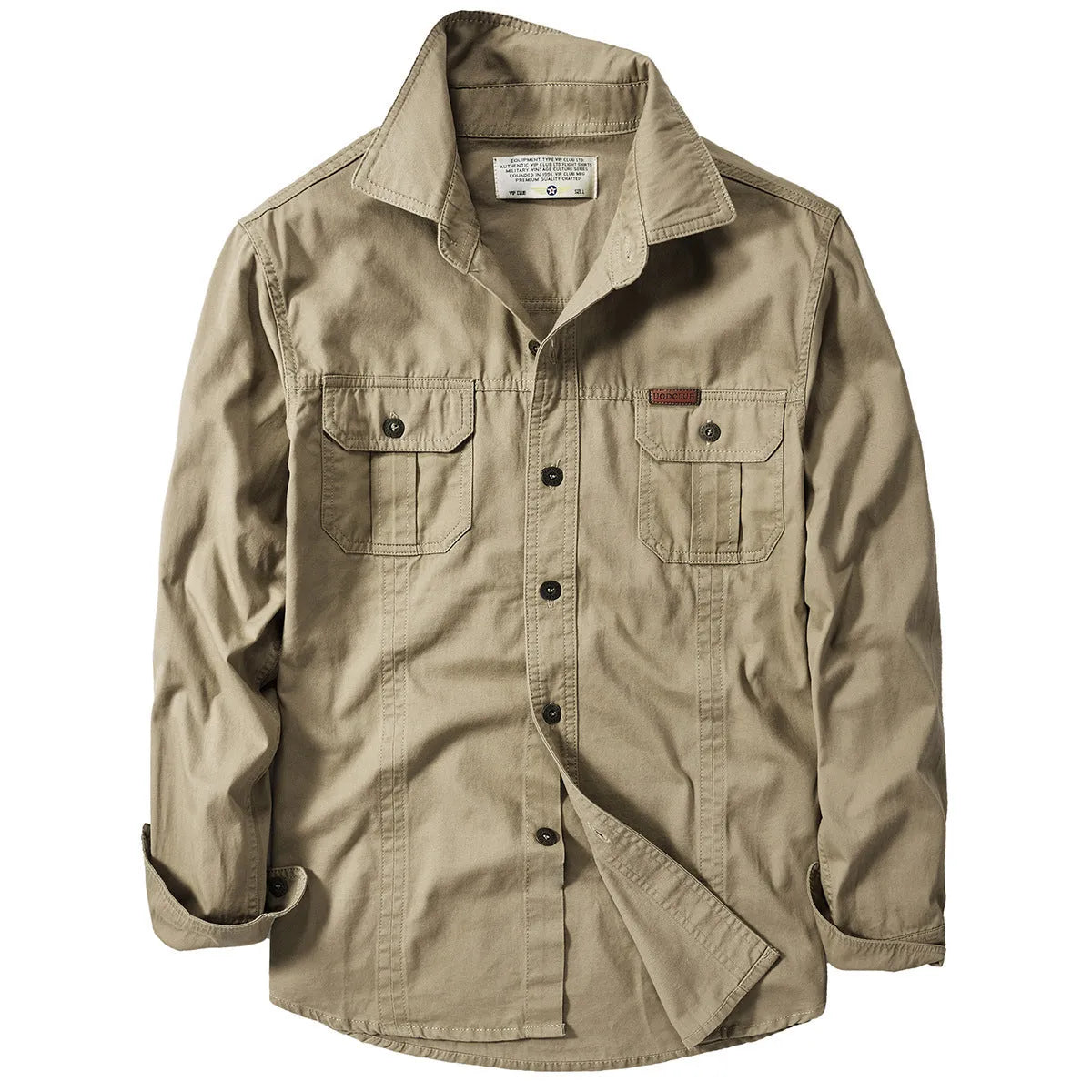 Cotton military style long sleeve loose fit shirt in army green for men spring casual