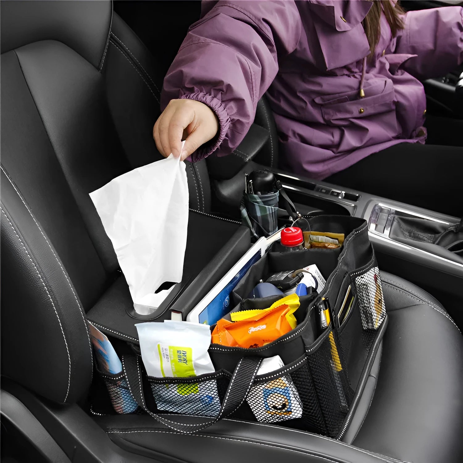 Black oxford cloth car trunk storage box with 33cm width and depth, 16cm height.