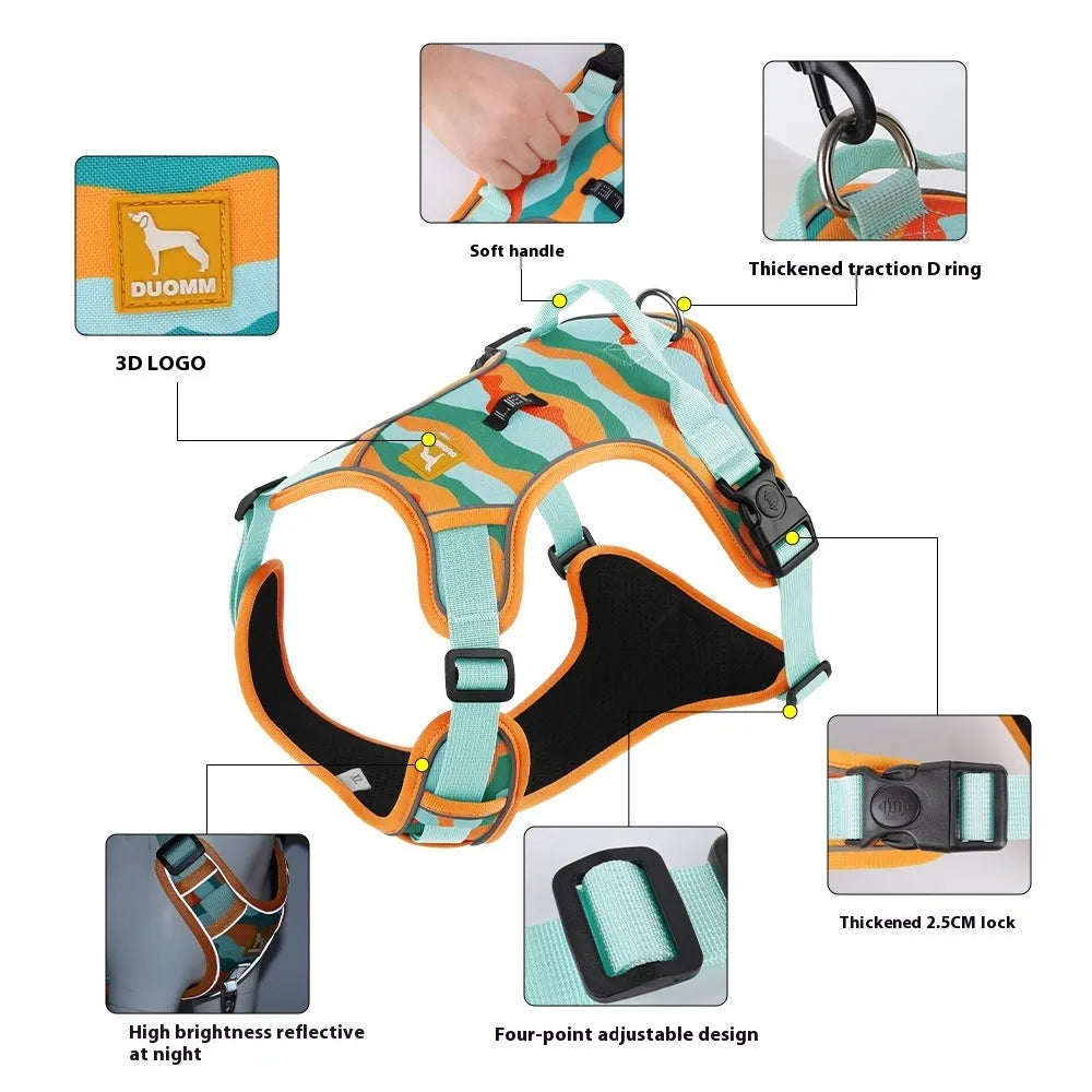 Reflective orange dog harness lead with integrated hand-holding rope on a dog's chest and back.