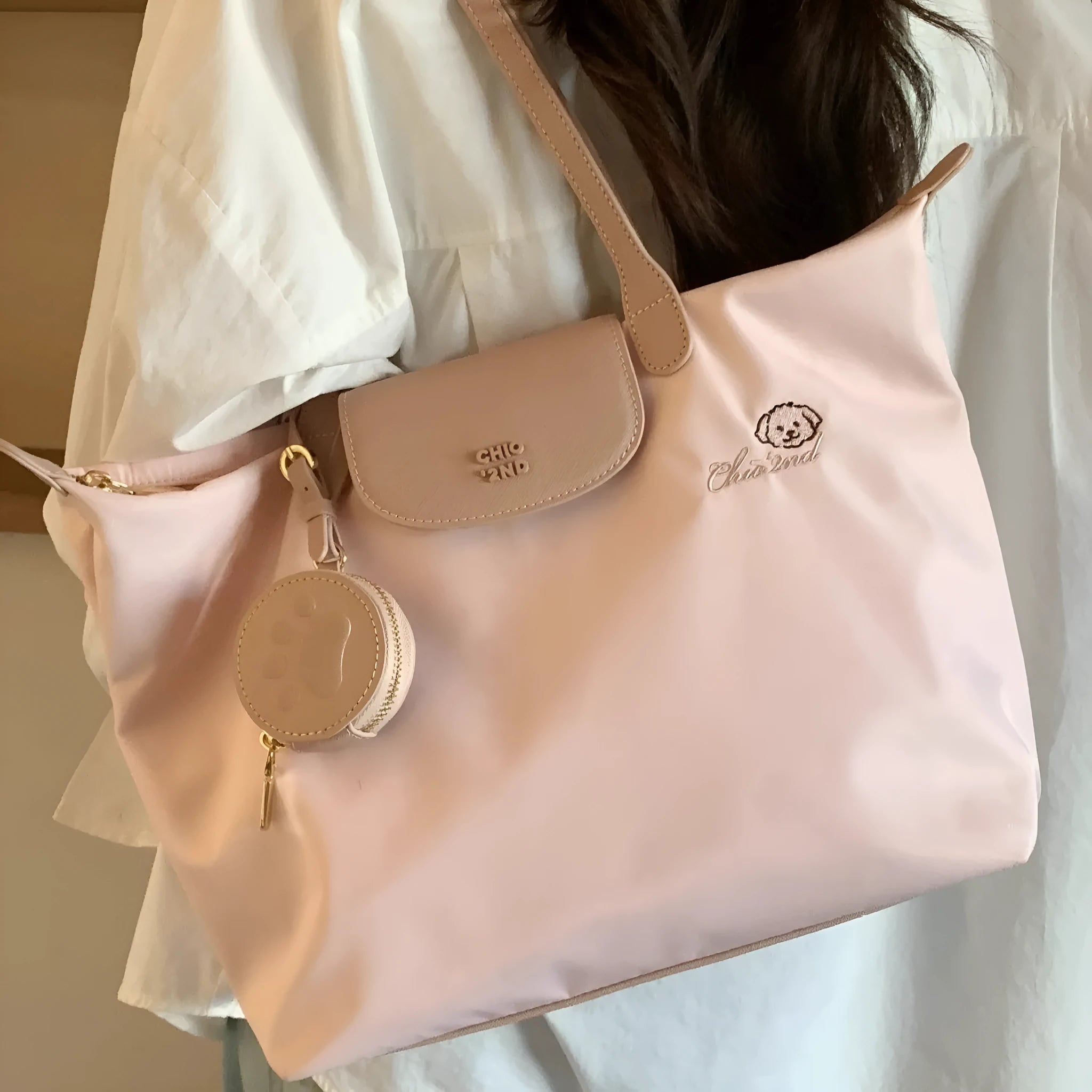 Oxford cloth tote shoulder bag with sandwich pockets in pink and beige colour options