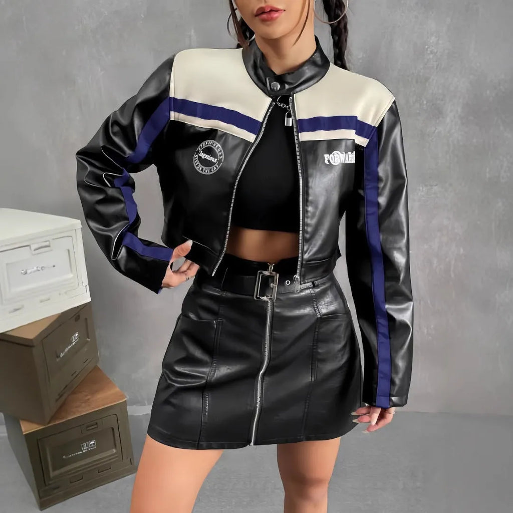 Women's short 40cm striped zipper coat in Black Red colour with full-length front zipper and long sleeves