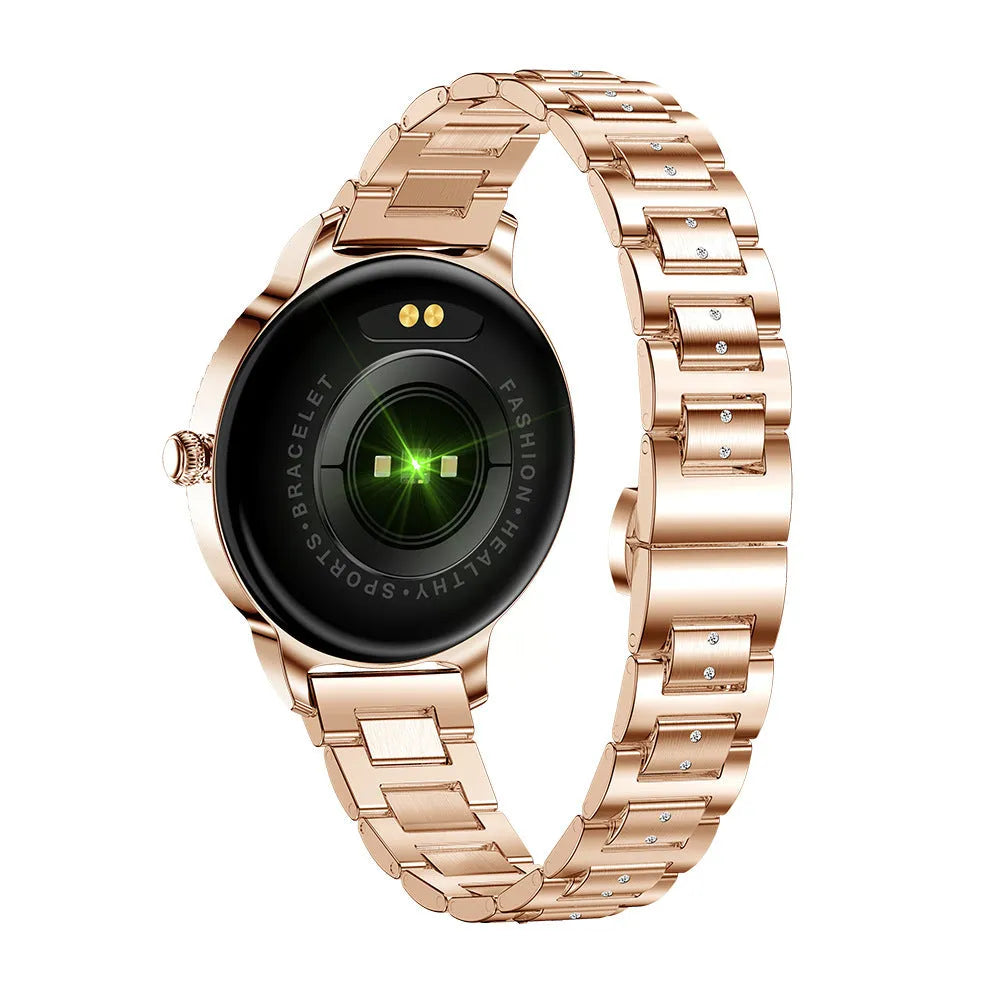 AK38 ladies smart watch with stainless steel band and 1.09-inch display in gold and silver colour options