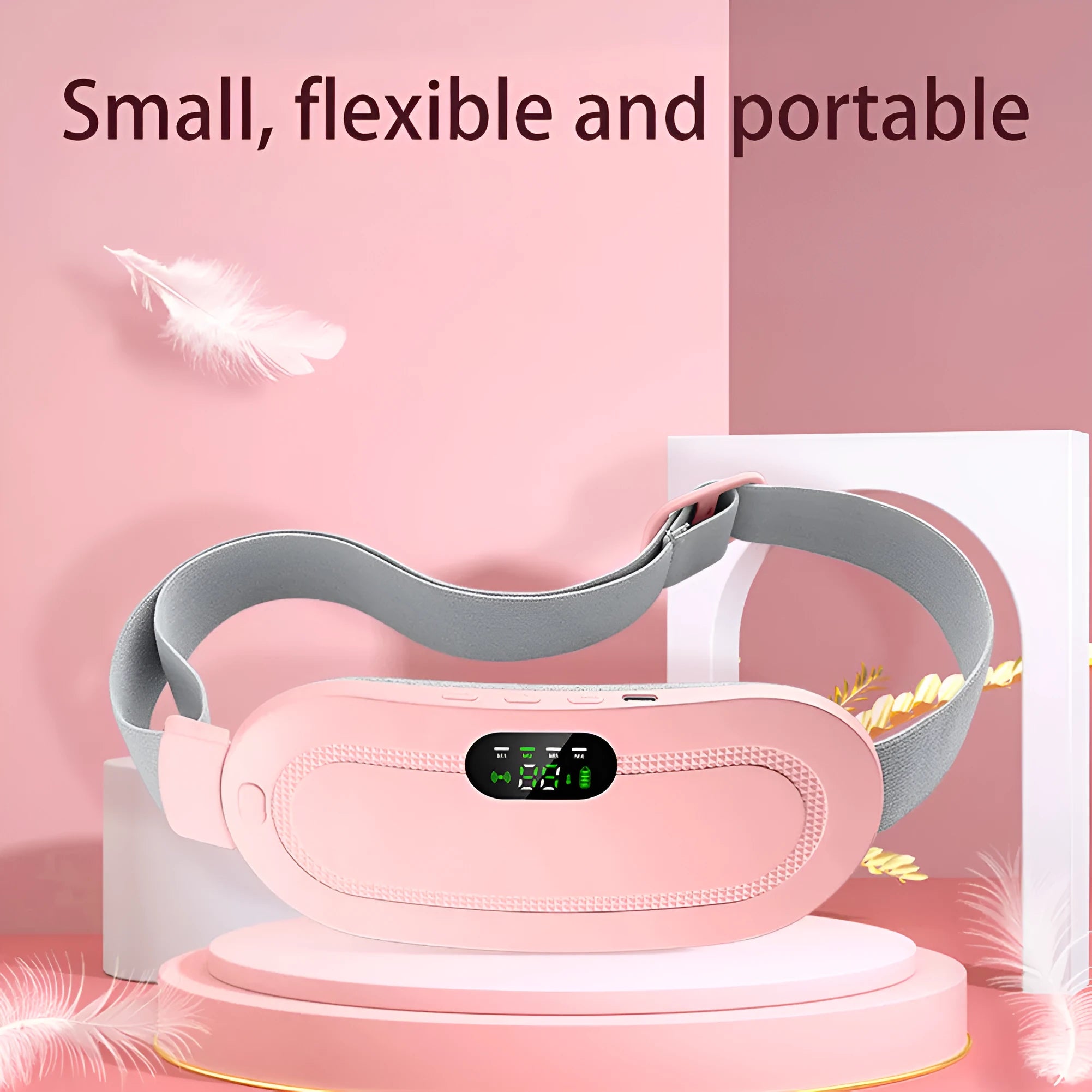 Pink smart menstrual heating belt with digital controller on a 1.5 metre cable.
