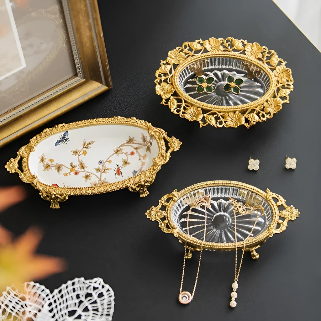 Aluminium crystal decorative jewellery storage dish with carved French Versailles design in modern simplicity style
