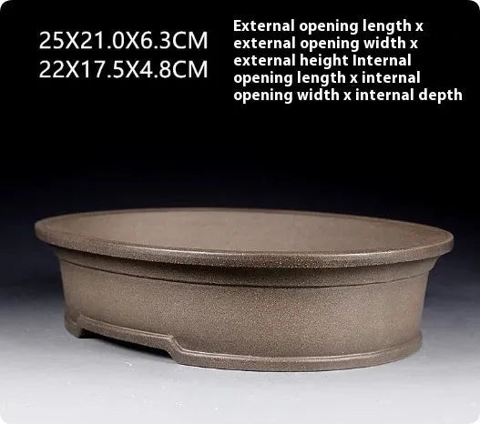 Handmade antique oval purple sand clay bonsai pot for succulents, 25x21x6.3 cm.