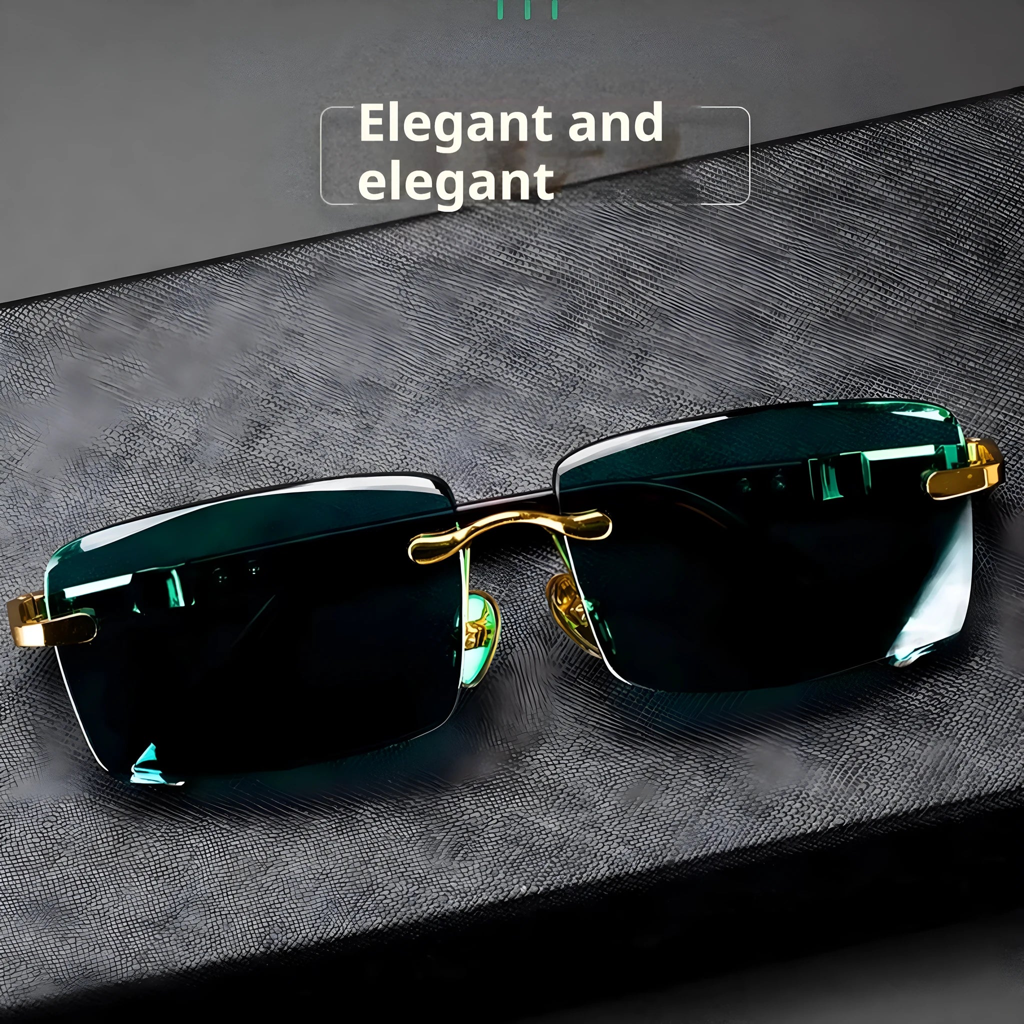 Frameless dark green crystal sunglasses with a glasses case and cleaning cloth.