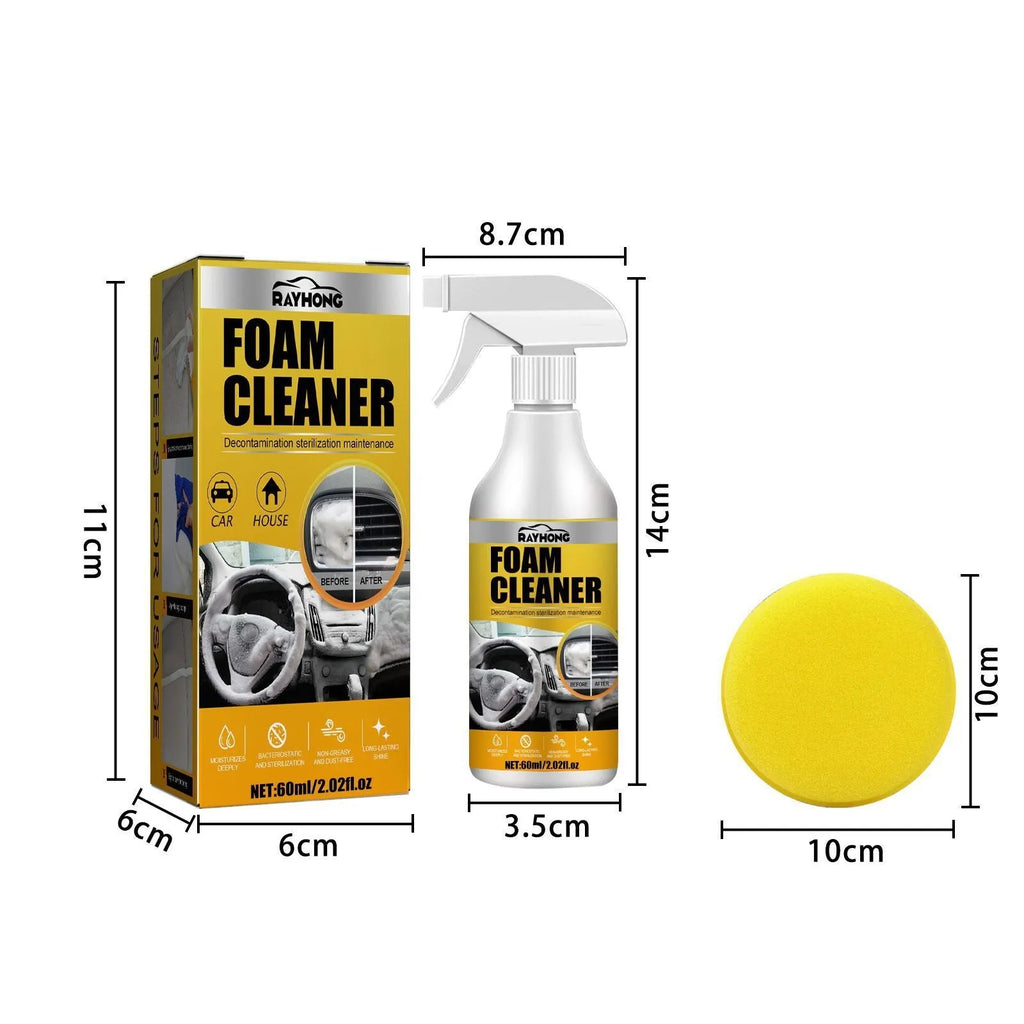 Car interior foamed cleaner kit showing 60ml container and 10x10cm sponge for wash-free cleaning