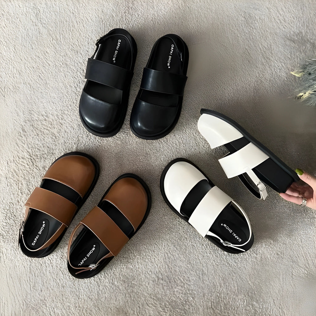 Retro Korean style sandals with an ankle-strap buckle, shown in apricot colour.