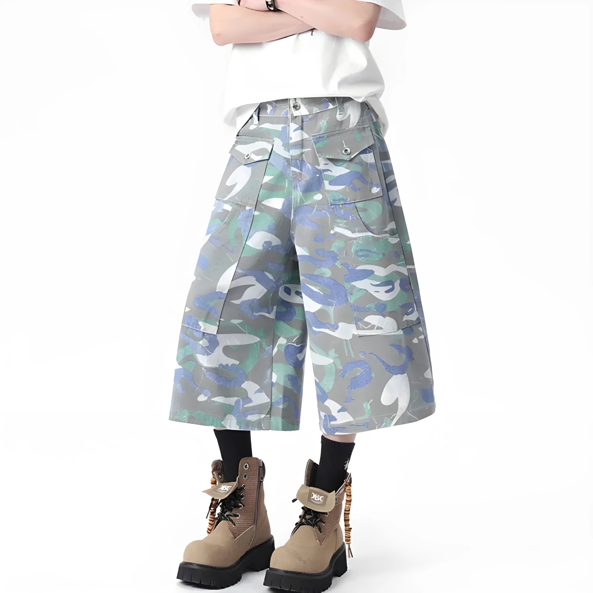 Camouflage pattern cotton denim cropped trousers with straight leg silhouette and functional pockets