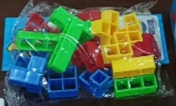 Balance stacking board game with 16 colourful plastic blocks on chassis