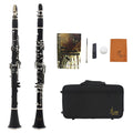 Black Bakelite beginner clarinet with nickel-plated 17-key mechanism and storage bag