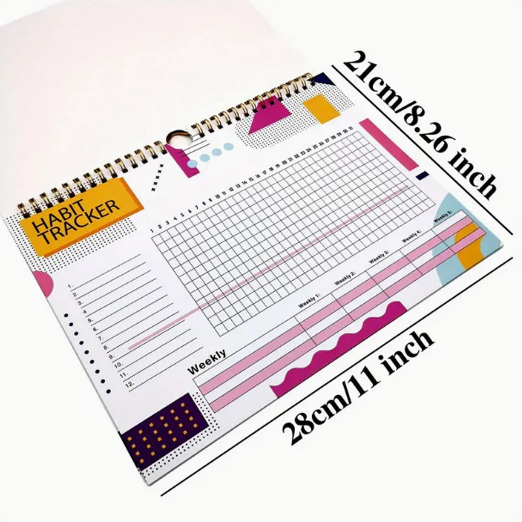 English habit tracking notebook open showing 12 internal pages with A4 21x28cm dimensions