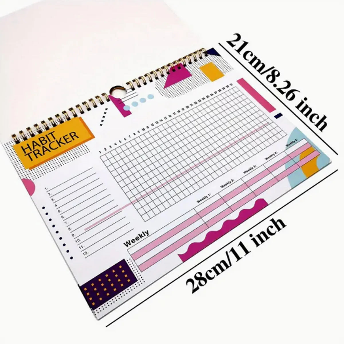 English habit tracking notebook open showing 12 internal pages with A4 21x28cm dimensions