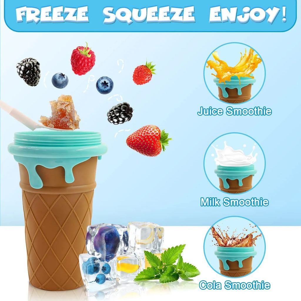 Blue 500ml slushy maker cup with quick-freeze function for homemade smoothies and ice cream.