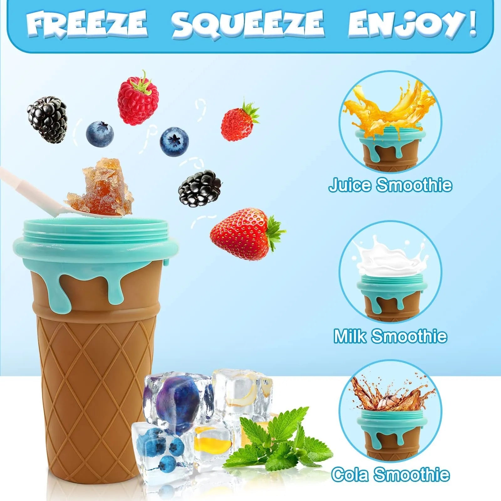 Blue 500ml slushy maker cup with quick-freeze function for homemade smoothies and ice cream.