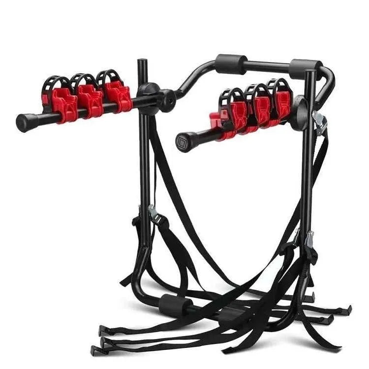 Black and red trunk-mounted bike rack showing pull belt and tie rope style options.