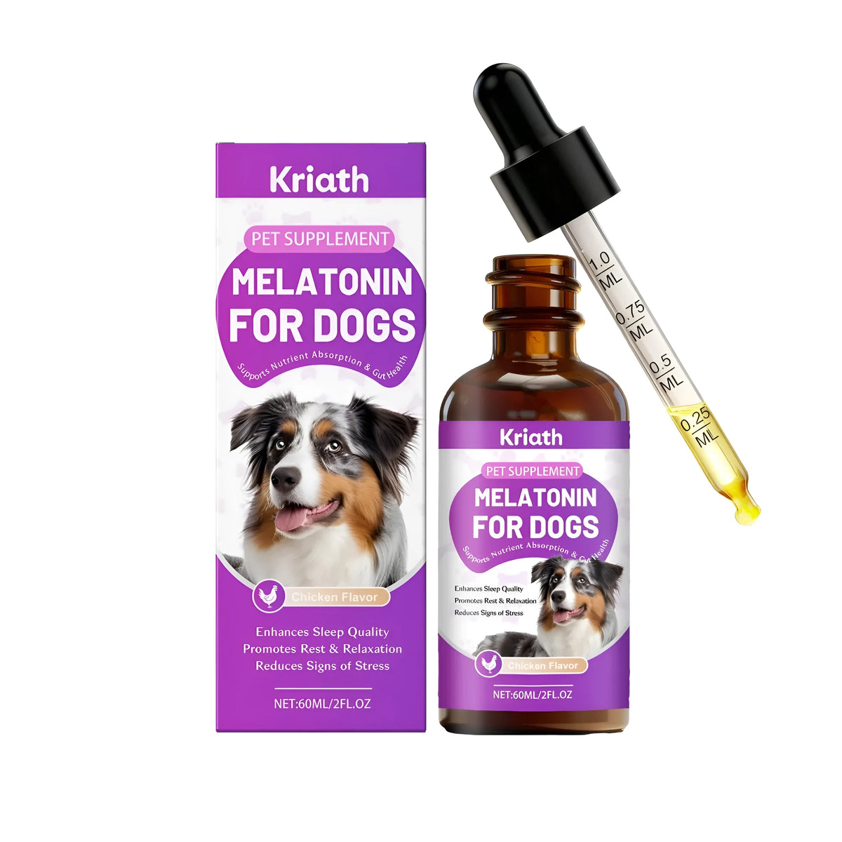 60ml melatonin calming drops for dogs with L-theanine chamomile valerian root probiotics and vitamins