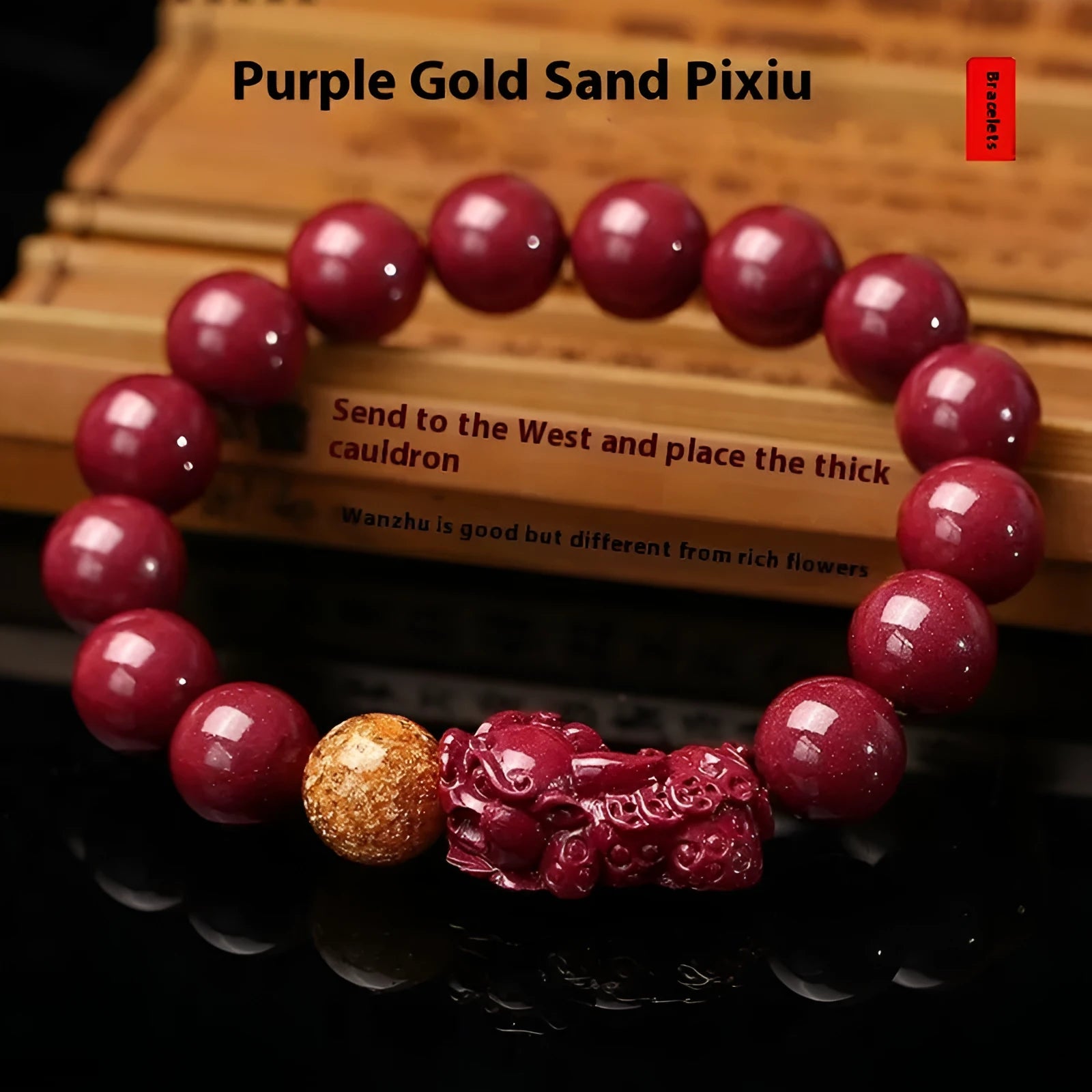 Polished cinnabar and Purple Gold Sandstone bracelet with totem design on wrist.