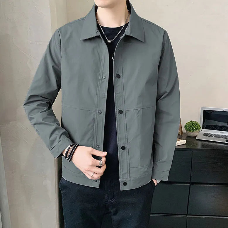 Men's thin single-layer Korean style jacket in light grey for spring and autumn wear.